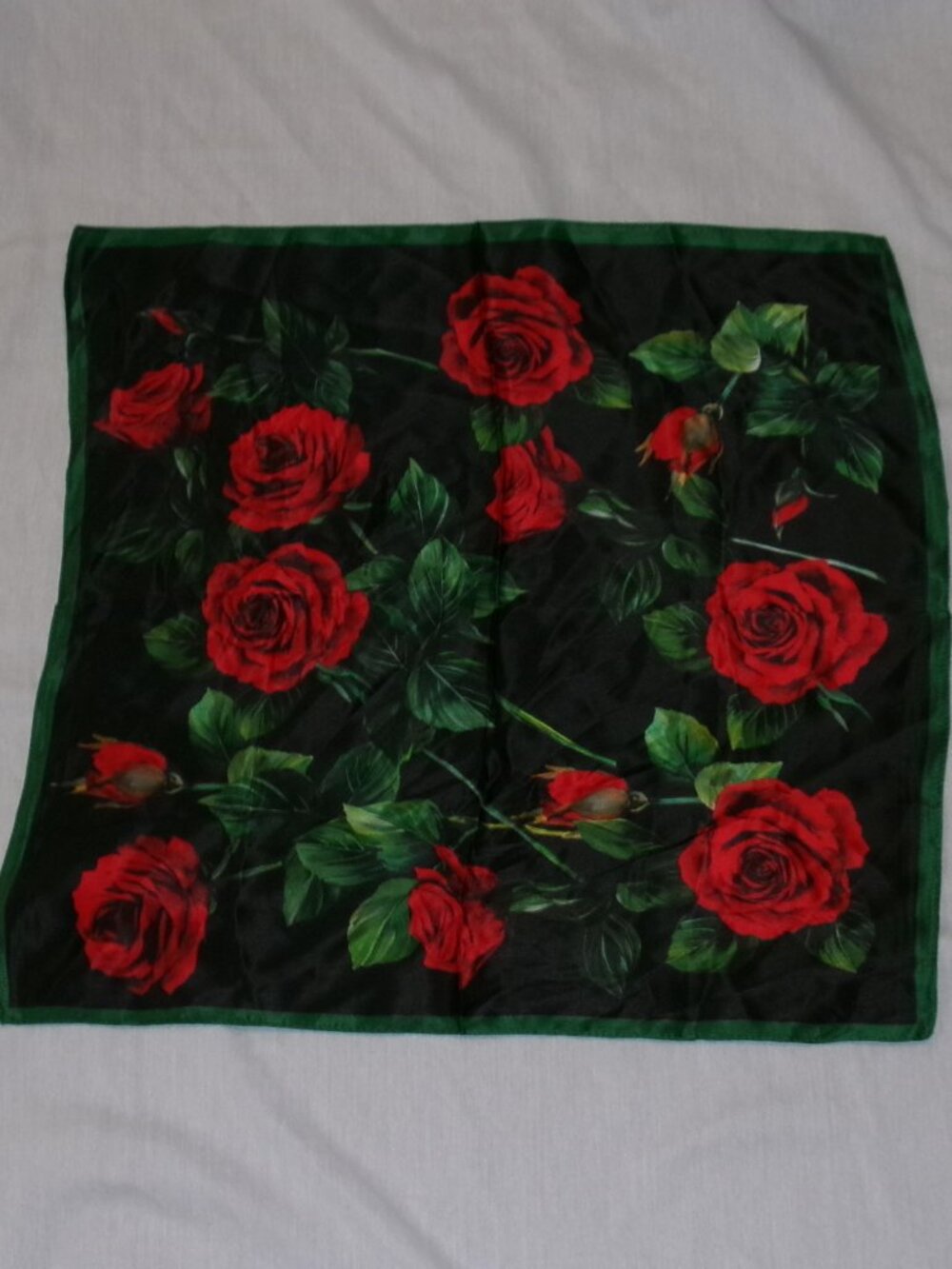 Black Red Long Stem ROSE Print Floral 100% Silk Scarf 20" x 20" Square